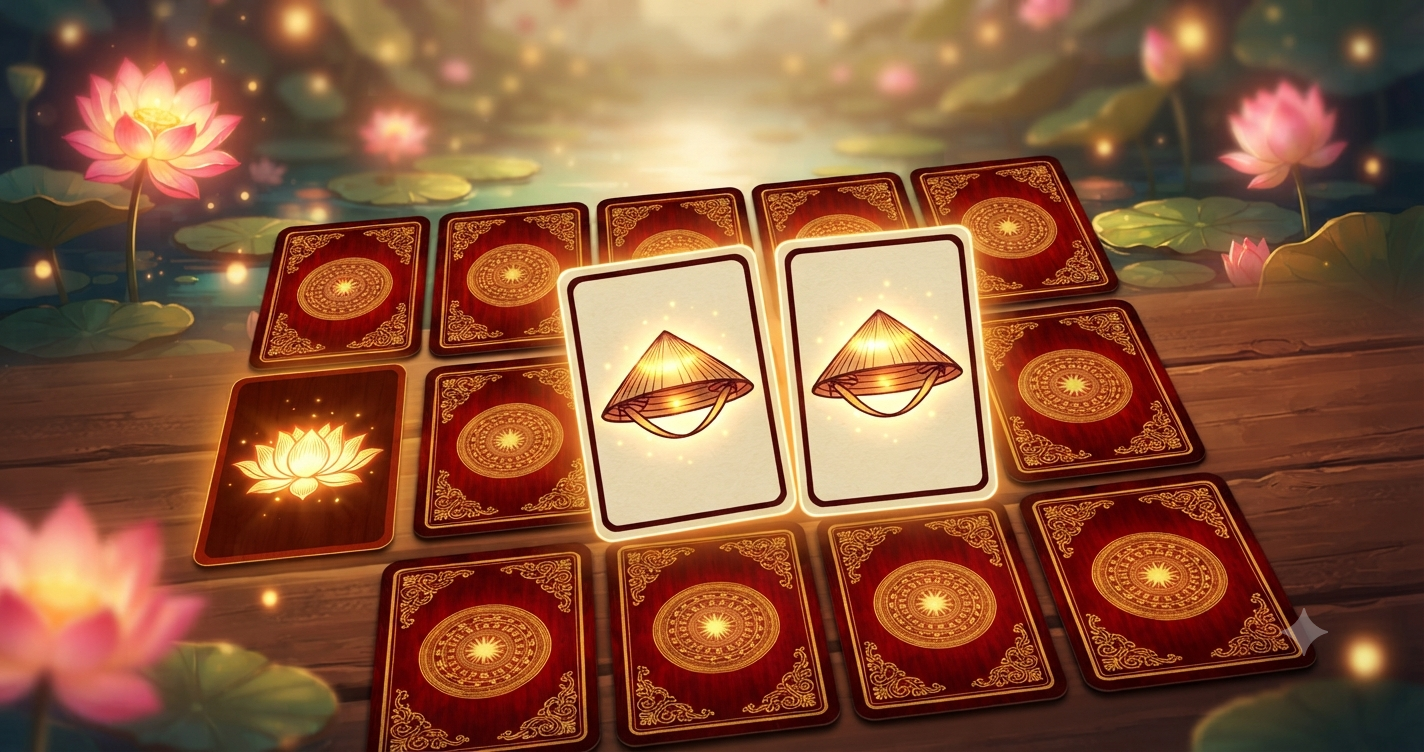 Màn chơi game Lật Hình Cổ Tích với thẻ bài sơn mài đỏ và vàng kim theo phong cách tranh dân gian Việt Nam